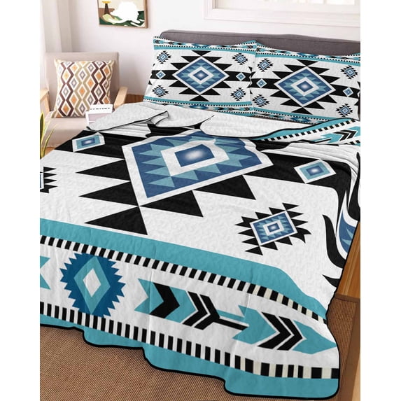 Blue Aztecs Twin Size Down Alternative Comforter, Lightweight Comforter Quilt Bedding Set with Pillow Shams Southwestern Stripe Native American Boho All Seasons Bed Comforter Duvet Insert 68"x86"