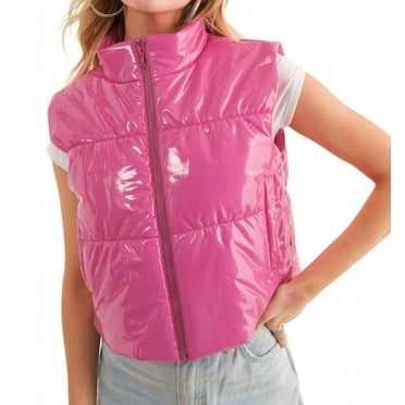 Blue B Gloss Shiny Pu Quilted Puffer Zip Up Crop Vest