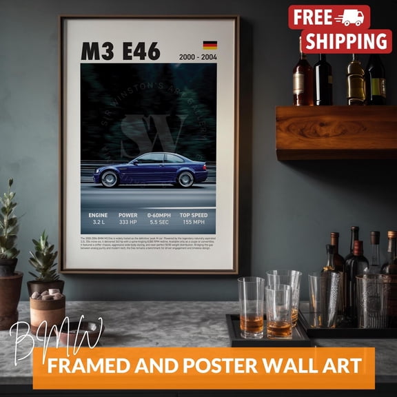 Blue BMW M3 E46 Classic Sports Car Poster Vintage Auto Wall Art