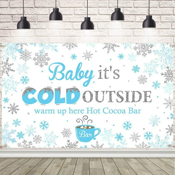 Blue Baby It's Cold Outside Baby Shower Backdrop Warm Up Here Hot Coca Bar Winter Woodland Party Decorations Banner Snowflake Winter Baby Shower Photography Background