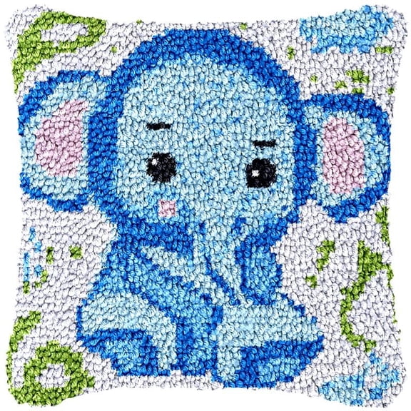 Blue Baby Elephant Latch Hook Pillow Cover Kits for DIY Handmade Throw Pillow Cross Stitch Latch Hook Pillowcase Rug Kits with Preprinted Color Pattern Canvas Crochet Yarn Kits 17''X 17''(bs54)
