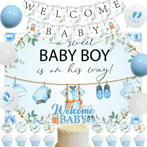 Blue Baby Laundry Clothes Boho Theme Baby Shower Background Cloth Set - Blue White Balloon, Cake, Cupcake Topper, Blue Floral Background Cloth for Boys Baby Shower Theme Party Decoration Supplies