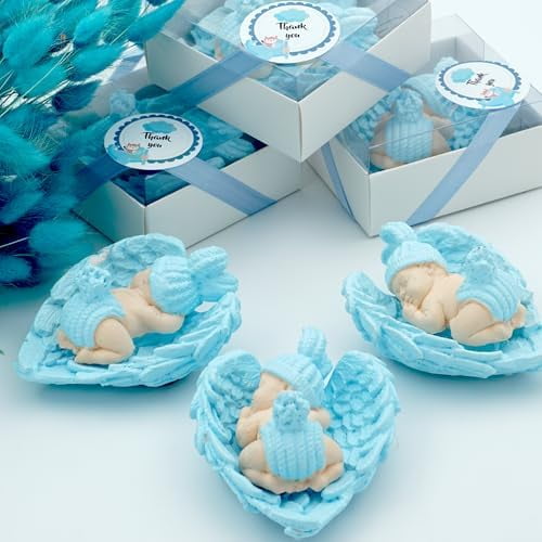 Blue Baby Shower Favor Set, 16 Stone Angel Magnets with Wings, boy Gender Reveal Thank You Tags, Baptism & Communion Favors (Blue)