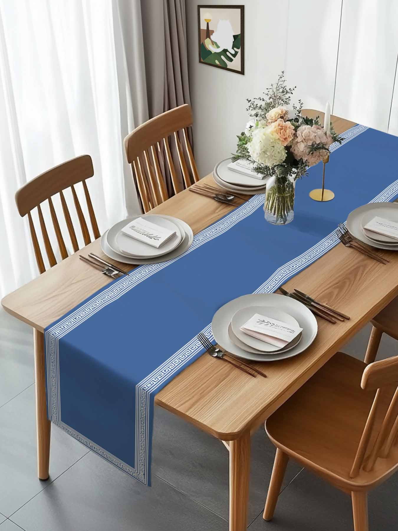 Blue Back Pattern Retro Greece Table Runner 90 Inches Long, Abstract Geometric Texture Table Runners Tabletop Scarf Kitchen Dining Tables Decoration for Home Party Indoor Outdoor