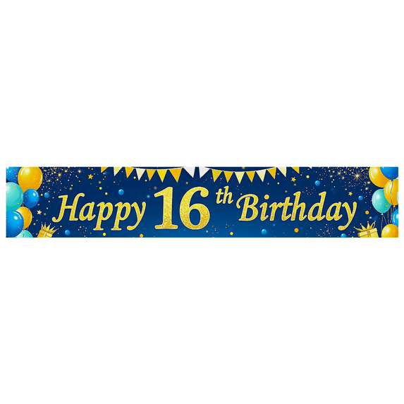 Blue Backdrop Banner with Golden Glittery Happy 16th Birthday Text Balloons Stars and Gift Elements Birthday Party Decoration Photography Props Party Supplies Backdrop Decorations