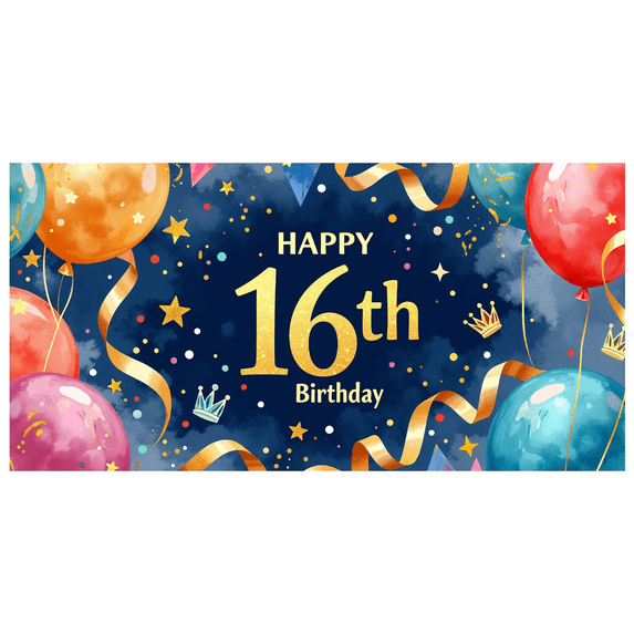 Blue Backdrop Happy 16th Birthday Banner with Balloons Stars and Hearts Party Decors Photography Props for Birthday Party Celebration Photo Booth Setup
