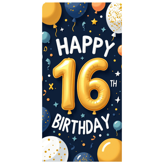 Blue Backdrop Happy 16th Birthday Banner with Balloons Stars and Hearts Party Decors Photography Props for Birthday Party Celebration Photo Booth Setup