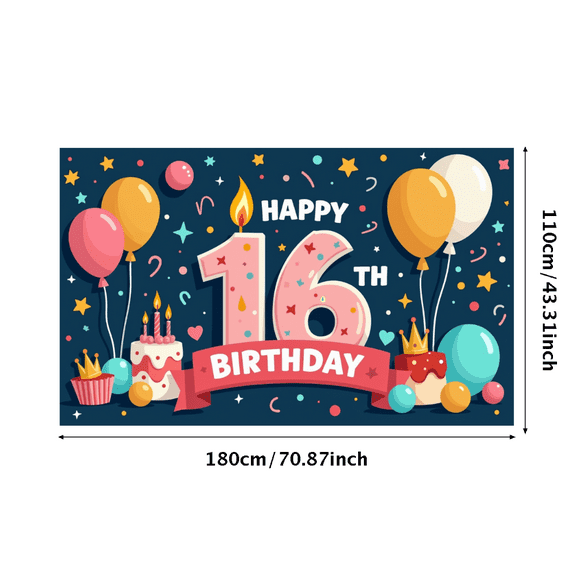 Blue Backdrop Happy 16th Birthday Banner with Balloons Stars and Hearts Party Decors Photography Props for Birthday Party Celebration Photo Booth Setup