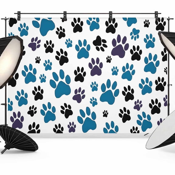 Blue and Backdrop for Photography, Black Dog Paw Print Photo Backdrop Portrait Background Party Banner Photo Backgrounds for Studio Booth Props, 12x8ft
