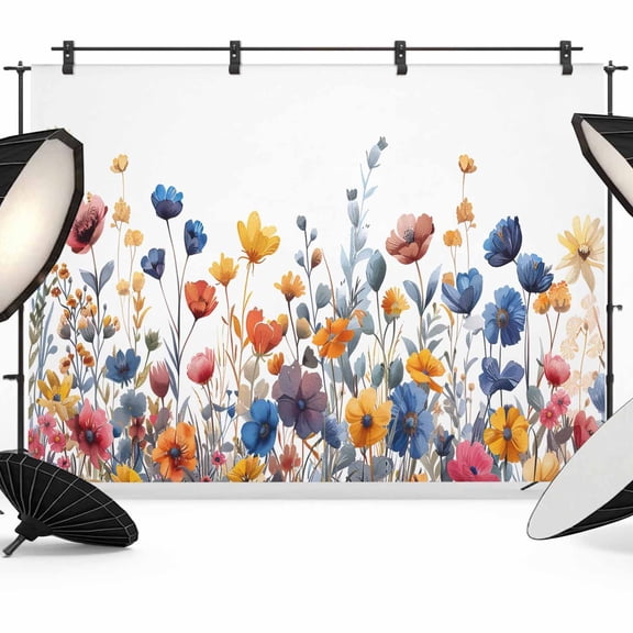 Blue and Backdrop for Photography, Yellow Poppy Watercolor Floral Plants Photo Backdrop Portrait Background Party Banner Photo Backgrounds for Studio Booth Props, 7x5ft