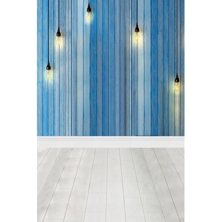 Blue Backdrop Wood Photography 5x7ft Stripe Wood Wall Floor with Bulbs on the Wall Vintange Photography Studio Background Modern Style Interior Room Scene Backdrop Photo Props