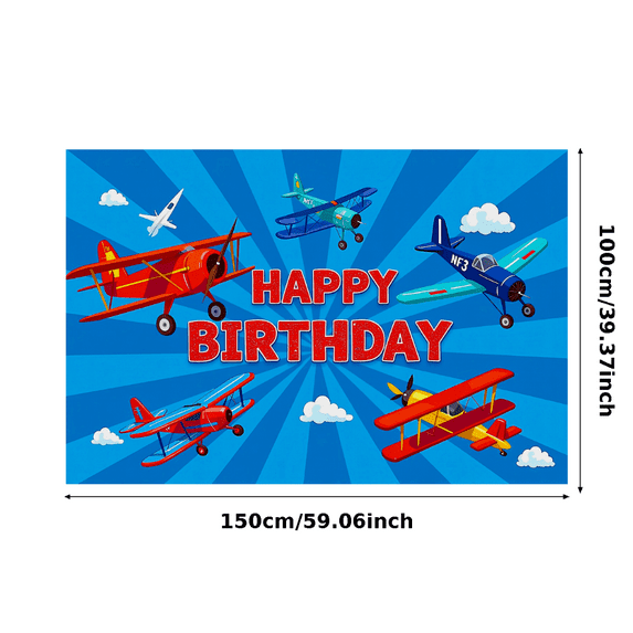 Blue Background with Airplane Elements Happy Birthday Banner Party Decoration Photography Props Backdrop for Birthday Party Kids Celebration Airplane Themed Event
