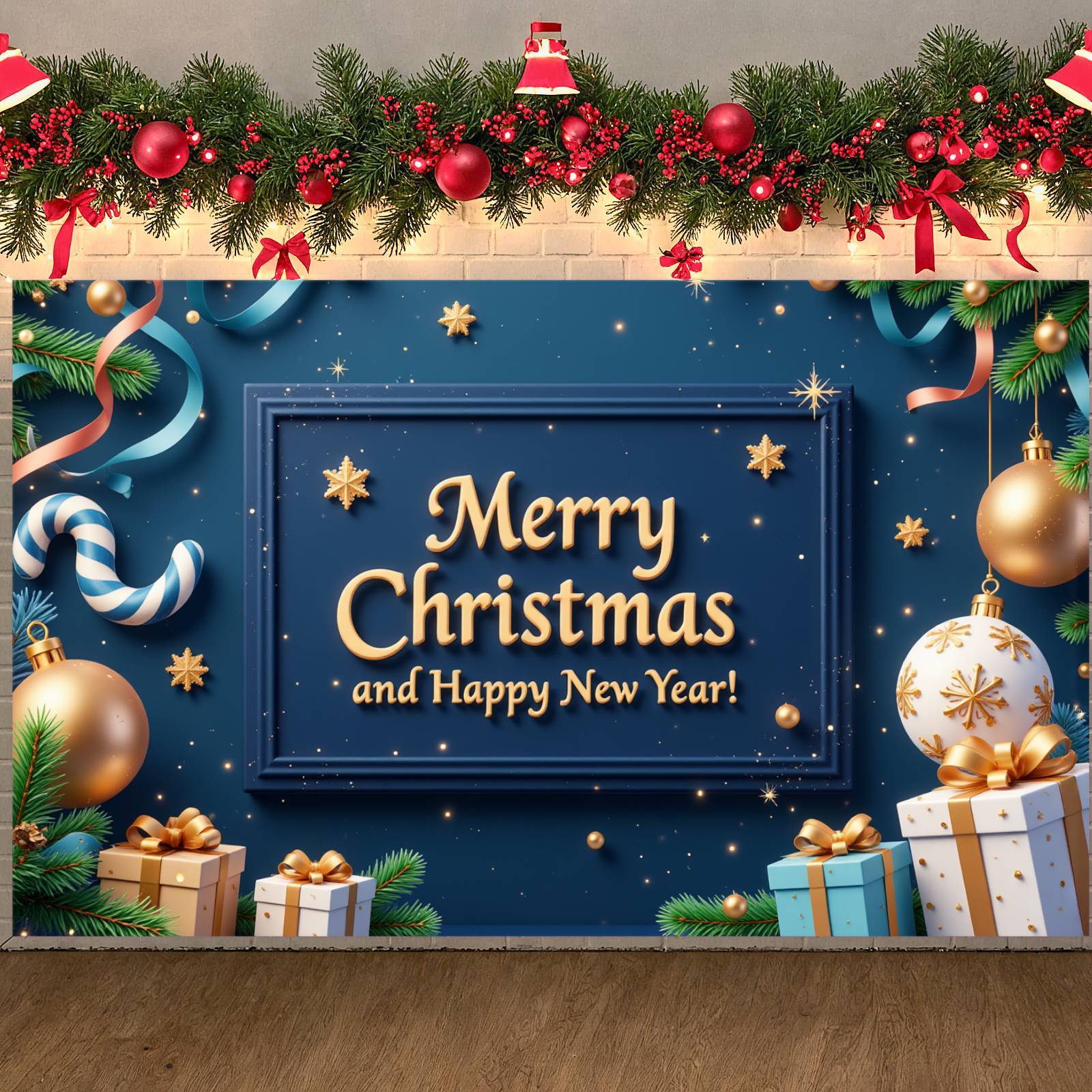 Blue Background Christmas Banner Gold Lettering New Year Banner Gold ...