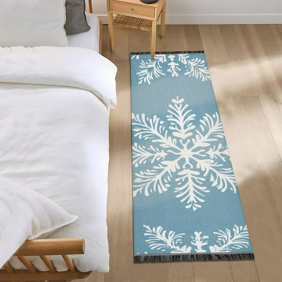 Blue Background Christmas Snowflakes Bedside Runner Rug 2'x 6' Non Slip Carpet Floor Mat Area Rug