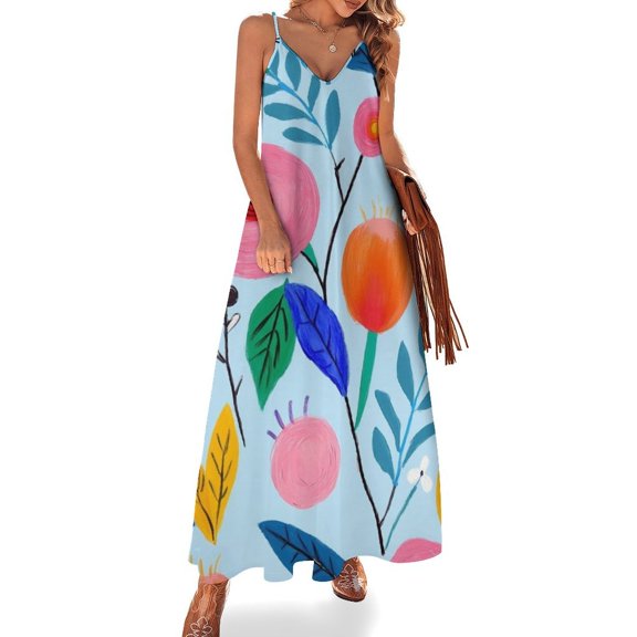 Blue Background Colorful Floral Design Sleeveless Dress Women's Evening Dress Womans Clothing