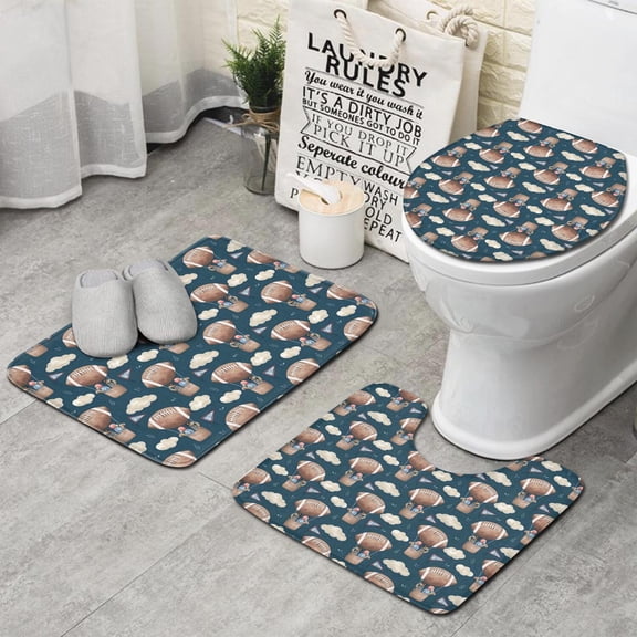 Blue Background Football Hot Air Balloons Pattern Bathroom Rugs Sets 3 Piece,Toilet Cover Set,Absorbent Non Slip Bathroom Mats Sets with U-Shaped Contour Rug Toilet Rug Set
