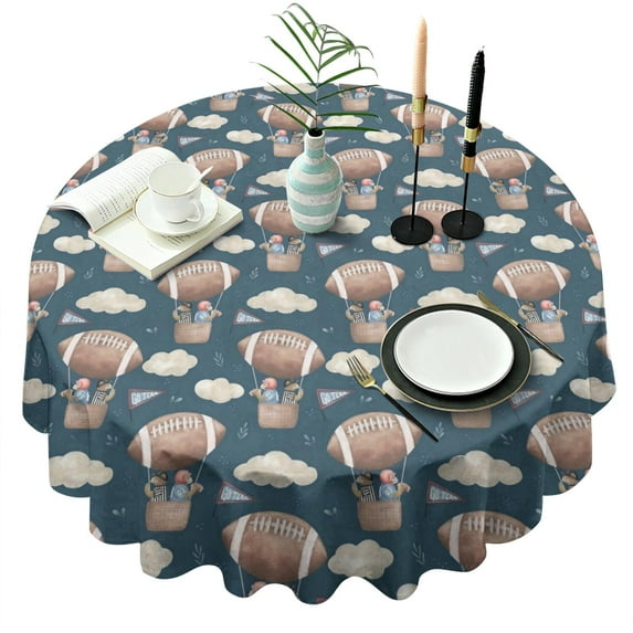 Blue Background Football Hot Air Balloons Pattern Round Tablecloth 60"x60",Wrinkle Wipeable Table Cloth for Kitchen Dining Room Picnic Patio Party