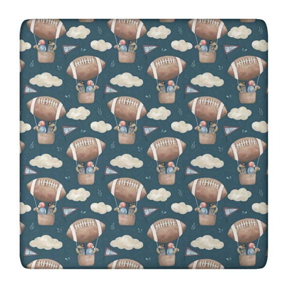 Blue Background Football Hot Air Balloons Pattern Square Fitted Tablecloth with Elastic Edge,Square Table Cover,Washable Elastic Table Cover for Home Kitchen Party Decor 36"x36"