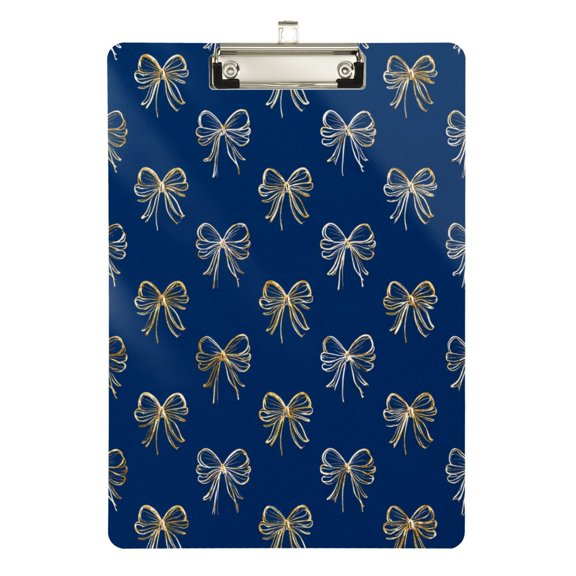 Blue Background Gold Bows Acrylic Clipboard Drawing Board with Hook Writing Pad File Storage A4 Size Silver 12.5" x 9"