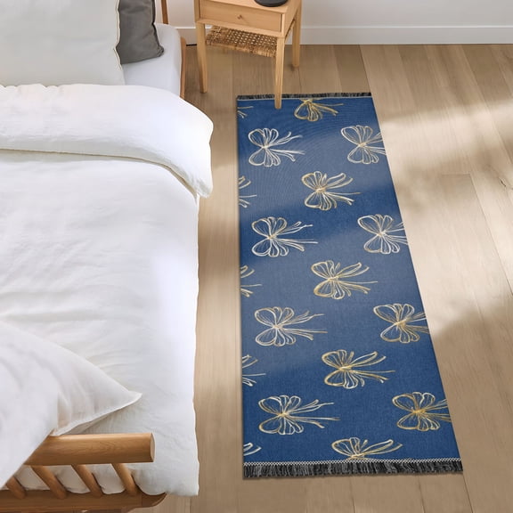 Blue Background Gold Bows Bedside Runner Rug 2'x 6' Non Slip Carpet Floor Mat Area Rug