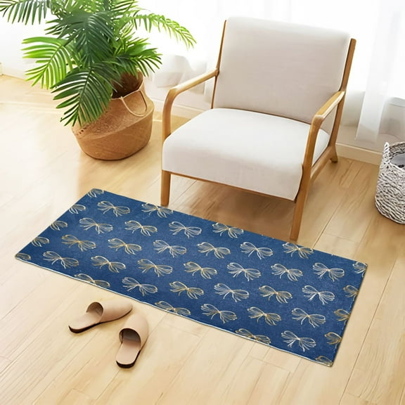 Blue Background Gold Bows Plush Carpet Non Slip Runner Rug Absorbent Bath Mat 39" x 20"