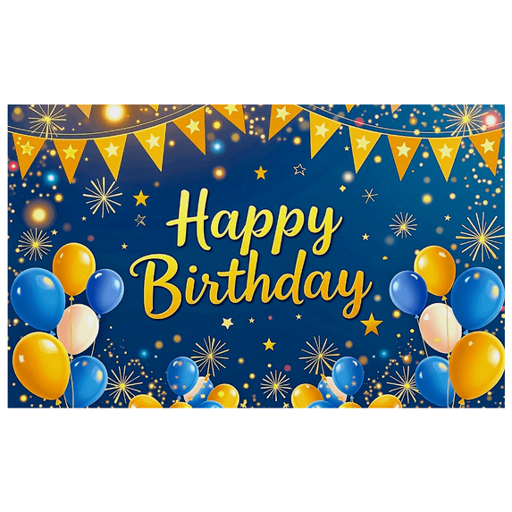 Blue Background Happy Birthday Banner with Balloon Star and Firework Elements Party Decoration Photography Props for Birthday Party Celebration Event Decor Backdrop