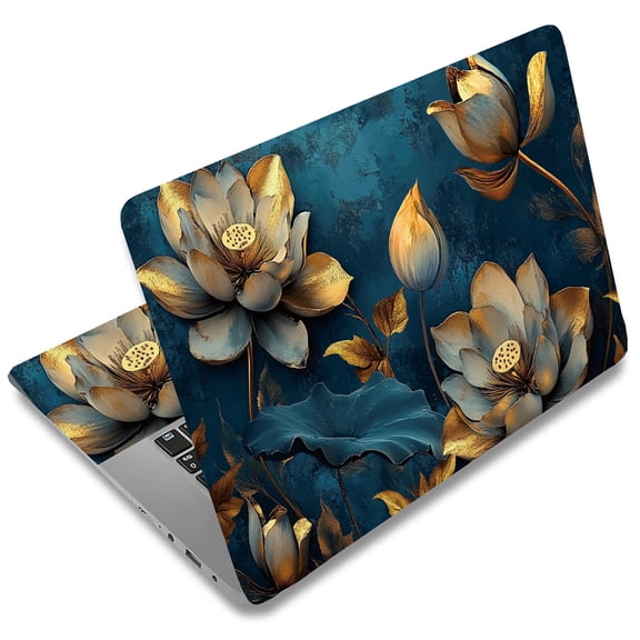 Blue Background Lotus Laptop Skin Gold Leaf Flower Laptop Sticker PVC Computer Stickers Dustproof Waterproof Art Decal Protector 12" 13" 13.3" 14" 15" 15.4" 15.6" Notebook Art Decal Gold
