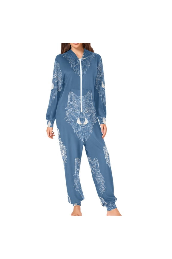 Blue Background Painted Wolf Faces Adult's Hoodie Onesie Jumpsuit One-Piece Pajamas with Zipper Unisex for Holiday M
