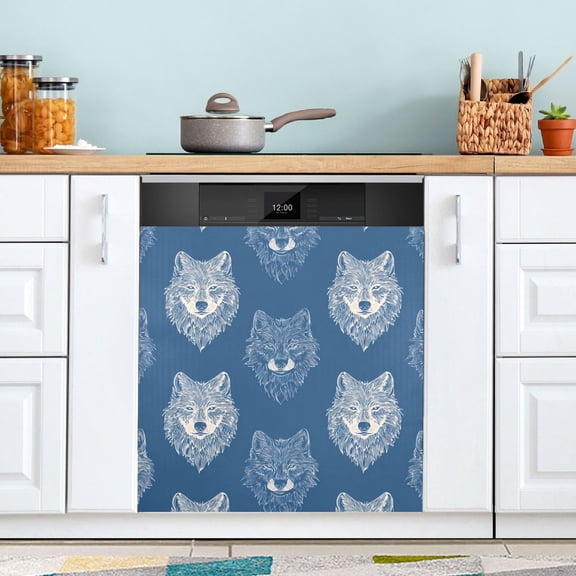 Blue Background Painted Wolf Faces Dishwasher Magnet Refrigerator Magnetic Cover Washing Machine Magnet Sticker Kitchen Decor