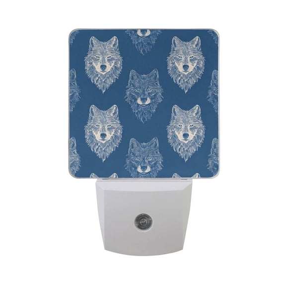 Blue Background Painted Wolf Faces LED Night Light Sensor Lamp Plug-in Adjustable Brightness 2 Pack