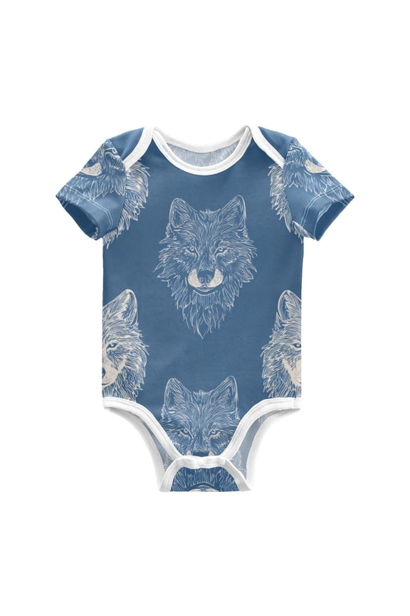 Blue Background Painted Wolf Faces Pure Cotton Bodysuit Short Sleeve Pajamas One-Piece Romper Unisex 9M