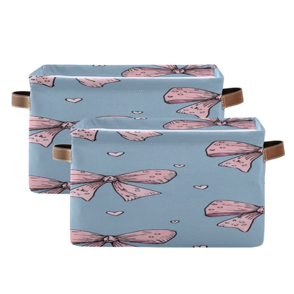 Blue Background Pink Bowknots Valentine Square Storage Bins with Handles Collapsible Containing Box 2 Packs