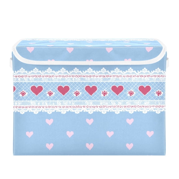 Blue Background Pink Hearts White Lace Valentine Foldable Storage Bins with Lids Handles Collapsible Storage Containers Tote Boxes 16.5 x 12.6 x 11.8 inches