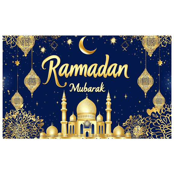 Blue Background Ramadan Themed Banner with Golden Mosque Lanterns Flowers and Crescent Moon Party Decors Backdrop Photography Props for Ramadan Celebrations Family Gatherings Community Events