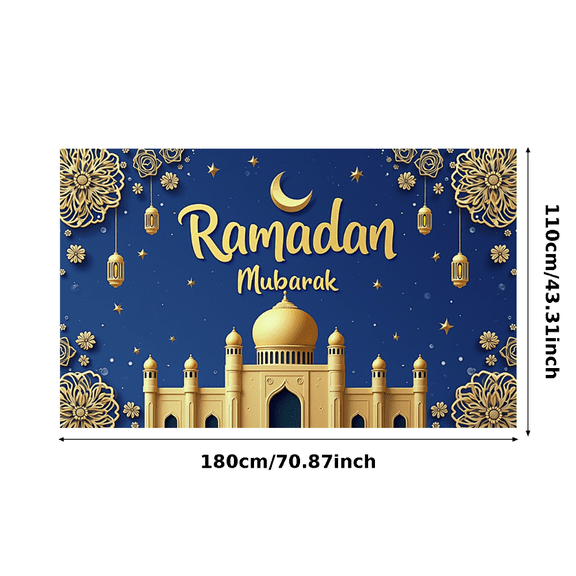 Blue Background Ramadan Themed Banner with Golden Mosque Lanterns Flowers and Crescent Moon Party Decors Backdrop Photography Props for Ramadan Celebrations Family Gatherings Community Events