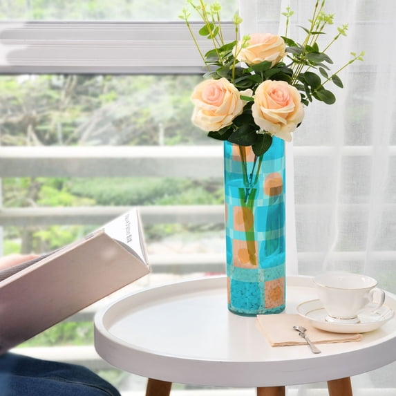 Blue Background Squares Pattern Plastic Vase 11.8'' x 3.9'' Transparent Non Breakable Decorative for Family