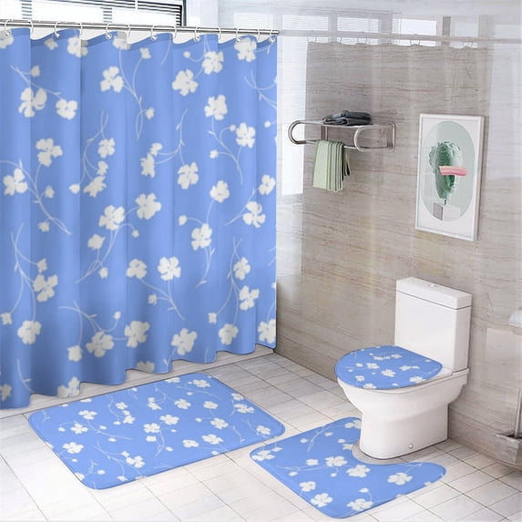 Blue Background White Floral Pattern 4 Piece Shower Curtain Sets, with ...