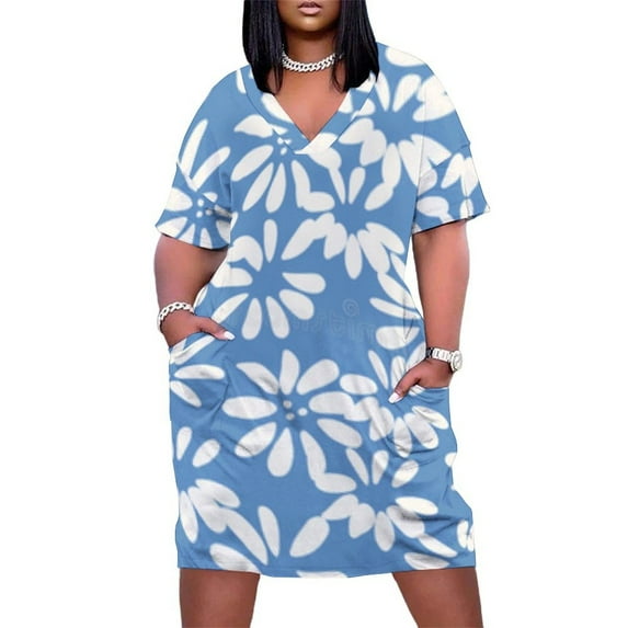 Blue Background White Floral Pattern Summer Sundress for Curve Women Casual Pattern Plus Size V Neck Short Sleeve Loose Fit Oversize Dresses