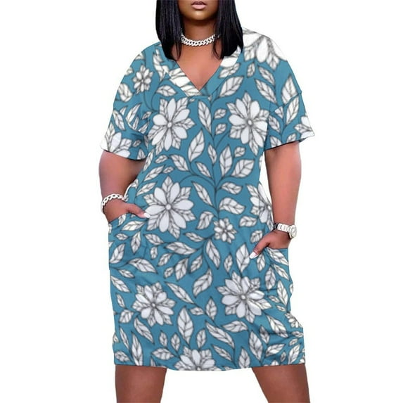 Blue Background White Floral Pattern Women's Loose Short Sleeve Dress Casual Summer Plus Size Long Dresses with Pockets