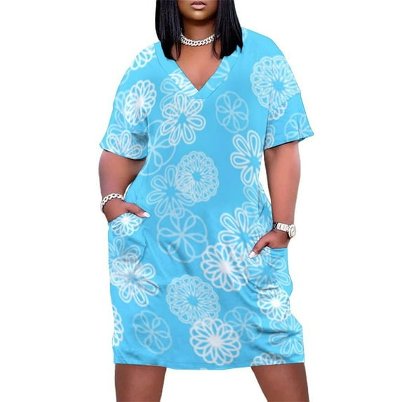 Blue Background White Floral Pattern Women's Loose Short Sleeve Dress Casual Summer Plus Size Long Dresses with Pockets