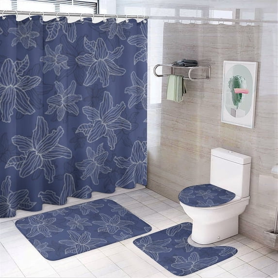 Blue Background White Flowers Pattern Shower Curtain Waterproof ...