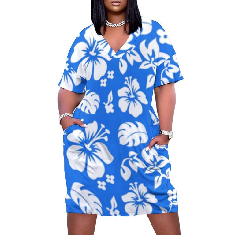 Blue Background White Hibiscus Flowers Summer Sundress for Curve Women  Casual Pattern Plus Size V Neck Short Sleeve Loose Fit Oversize Dresses -  Walmart.com