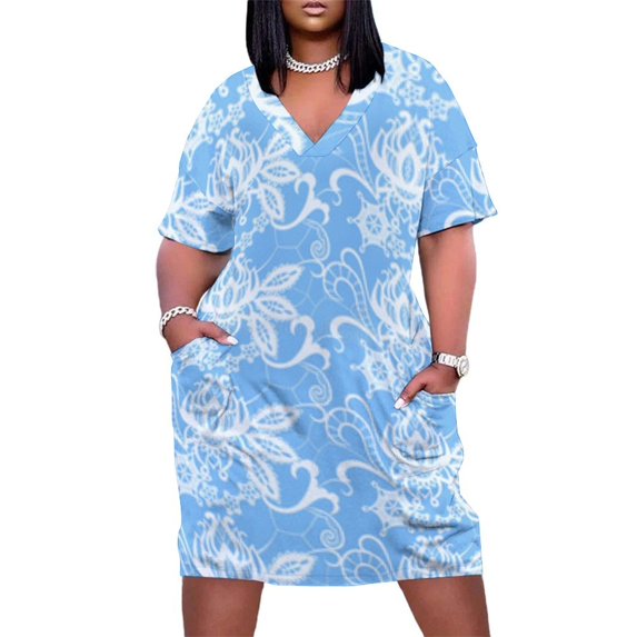 Blue Background White Lace Pattern Women's Loose Short Sleeve Dress Casual Summer Plus Size Long Dresses with Pockets