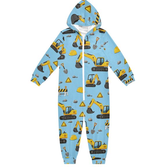 Blue Background Yellow Construction Boys & Girls Hooded One-Piece Pajamas Warm Crystal velvet Hooded Long Sleeve Loungewear Jumpsuit Unisex