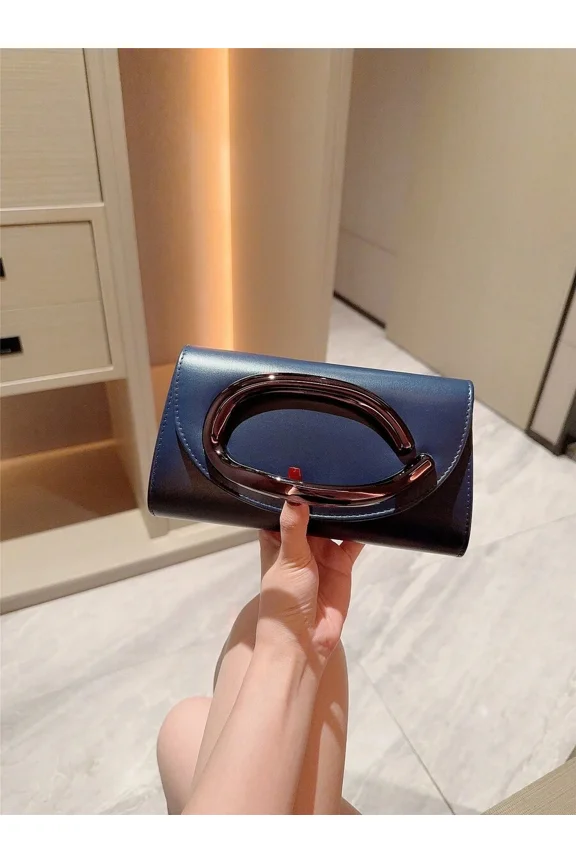 Blue Bag With Polished Oval Metal Frame Evening Handbag For Women