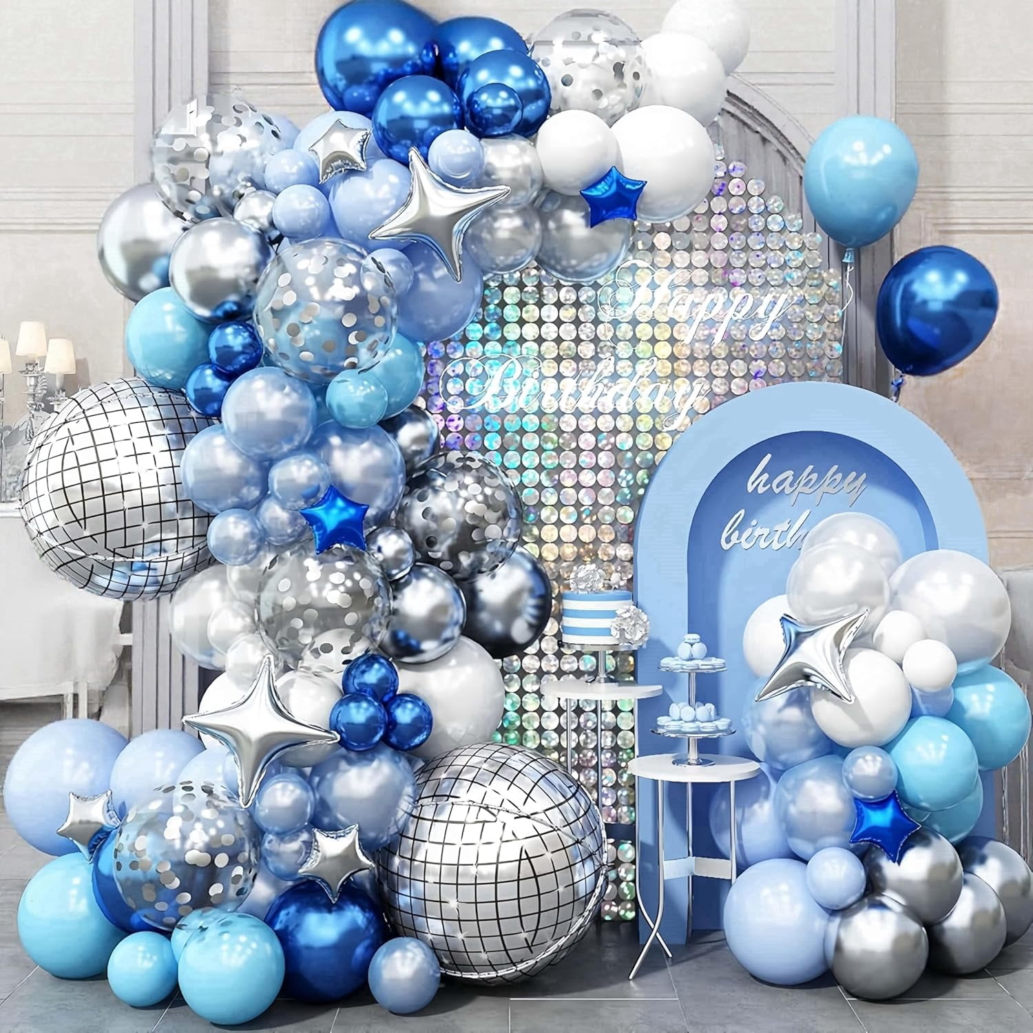 Blue Balloon Arch kit, and White Garland with 22 Inch Disco Ball Balloons Metallic Silver Star Foil Balloons, Confetti for 80s Party Decoration
