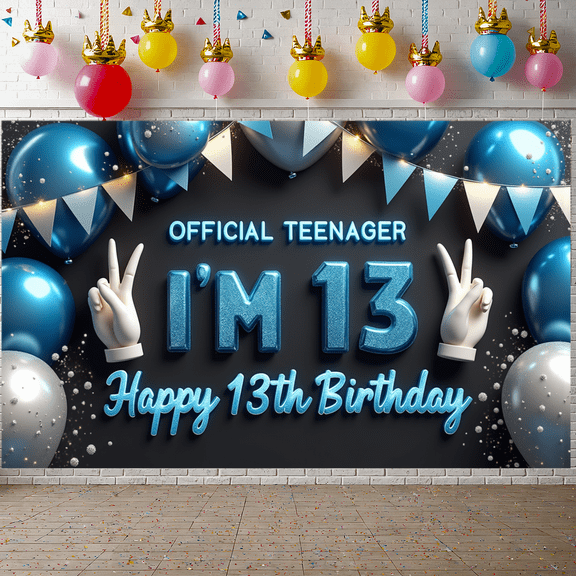 Blue Balloon Birthday Banner Happy 13th Birthday Decorative Design Star Pattern for Teen Party Event Indoor Decoration