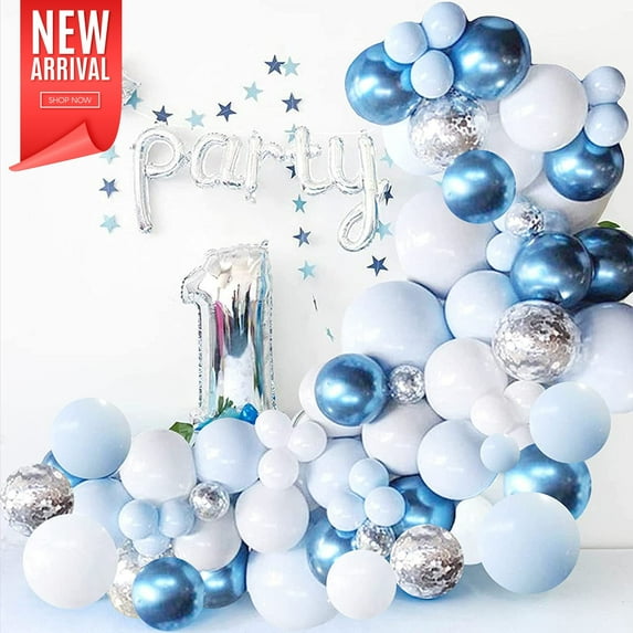 Blue Balloon Garland Arch Kit - 126 Pieces/PCS Metallic Blue White and Silver Confetti Latex Balloons for Baby Shower Birthday Wedding Graduation Bachelorette Anniversary Party Background Decorations