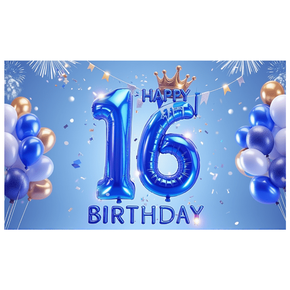 Blue Balloon Happy Birthday Banner Sparkle Crown Decorative Birthday Party Decoration for Teen Celebration Indoor Event