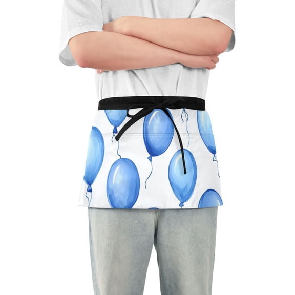 Blue Balloons Cartoon Short Server Apron with 3 Pockets for Unisex Chef Gardening
